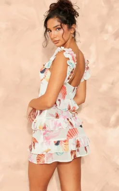 Petite White Print Ruffle Detail Mini Dress