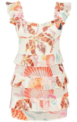 Petite White Print Ruffle Detail Mini Dress