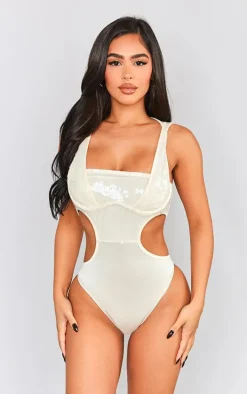 Petite White Sequin Cut Out Bodysuit With Hood