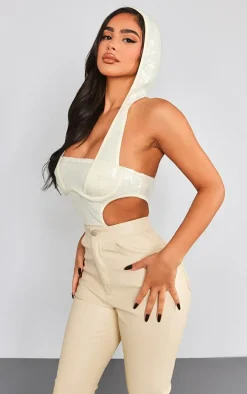 Petite White Sequin Cut Out Bodysuit With Hood