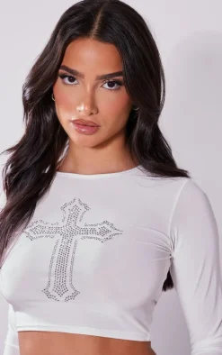 Petite White Slinky Diamante Cross Crop Top