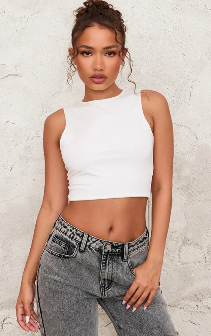 Petite White Slinky Racer Crop Top