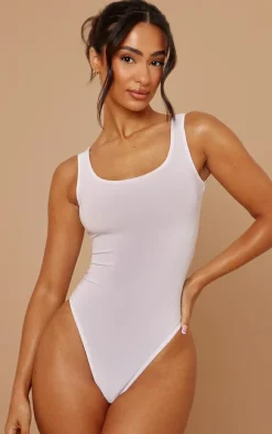 Petite White Slinky Square Neck Thong Bodysuit