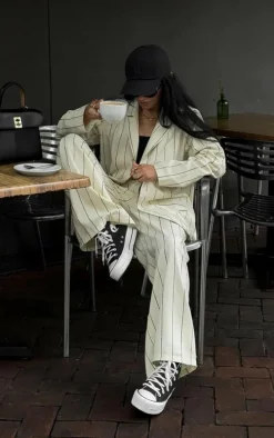 Petite White Stripe Linen Look Tailored Pants