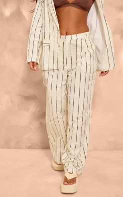 Petite White Stripe Linen Look Tailored Pants