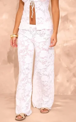 Petite White Textured Elasticated Wide Leg Pants