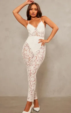 Petite White Woven Lace Jumpsuit