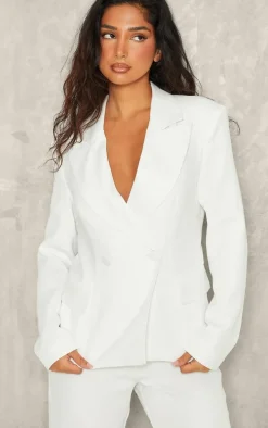 Petite White Woven Pocket Detail Double Breasted Blazer