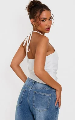 Petite White Woven Ruched Cut Out Top