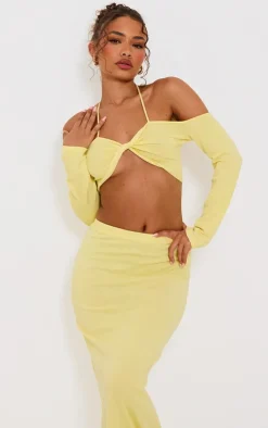 Petite Yellow Knitted Twist Front Long Sleeve Crop Top