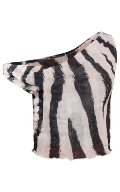 Petite Zebra Print Cowl Neck Crushed Mesh Crop Top