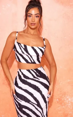 Petite Zebra Print Plisse Strappy Cowl Neck Top