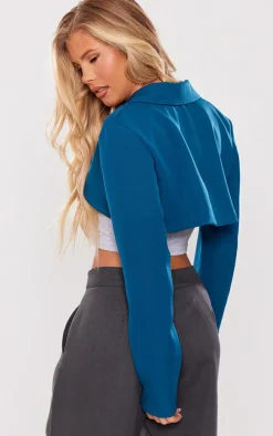 Petrol Blue Minimal Super Crop Blazer