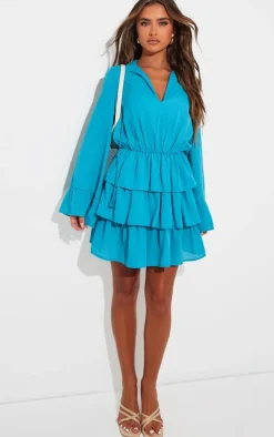 Petrol Blue Satin Frill Tie Shift Dress