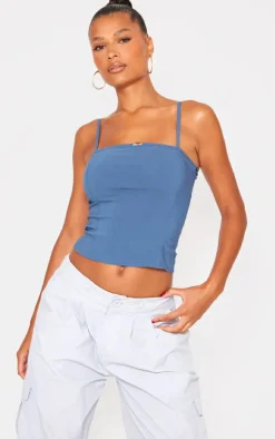 Petrol Blue Stretch Woven Fitted Bust Hardware Detail Strappy Cami Top