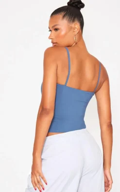Petrol Blue Stretch Woven Fitted Bust Hardware Detail Strappy Cami Top