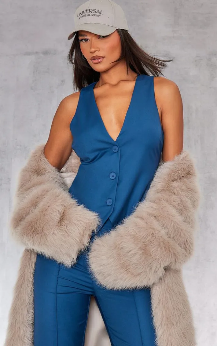 Petrol Blue Woven Fitted Pocket Detail Vest