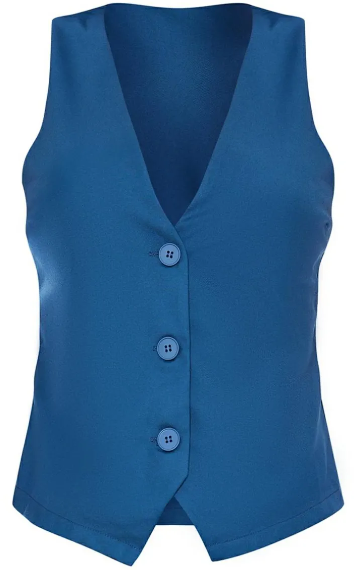 Petrol Blue Woven Fitted Pocket Detail Vest