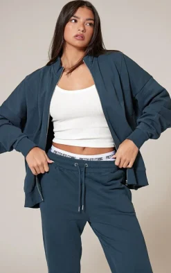 Petrol Premium Tonal Print Zip Through Panelled Track Top