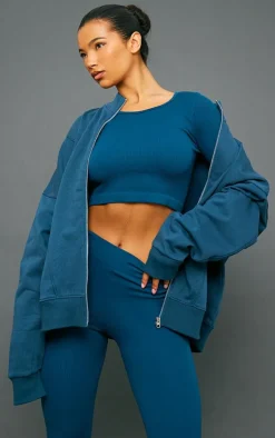 Petrol Structured Snatched Ribbed Round Neck Long Sleeve Crop Top