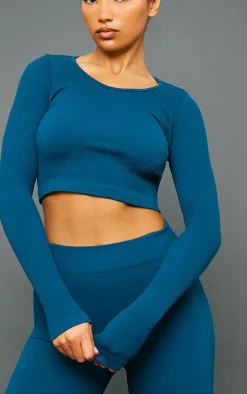 Petrol Structured Snatched Ribbed Round Neck Long Sleeve Crop Top