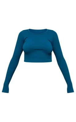Petrol Structured Snatched Ribbed Round Neck Long Sleeve Crop Top