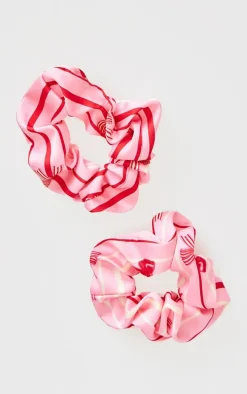 Pink 2 Pack Christmas Bow Print Satin Scrunchie Set
