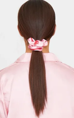 Pink 2 Pack Christmas Bow Print Satin Scrunchie Set