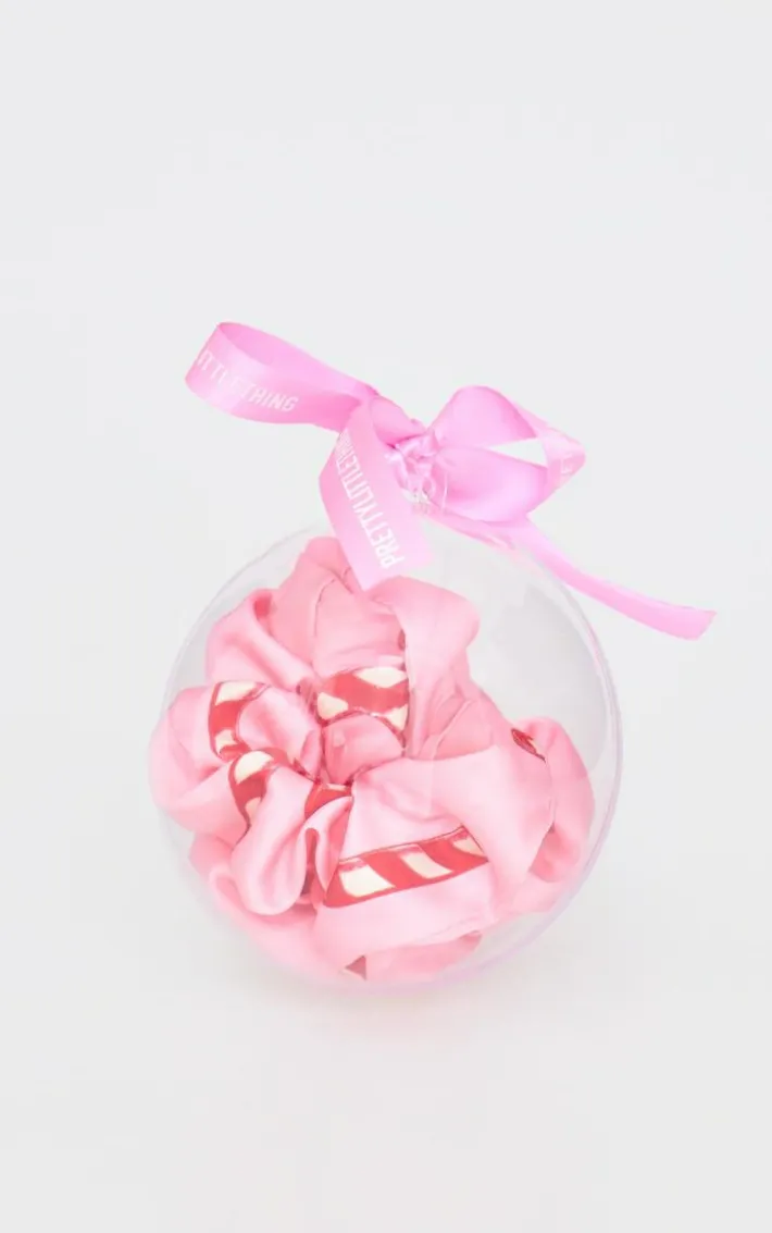 Pink 2 Pack Christmas Candy Cane Print Satin Scrunchie Set