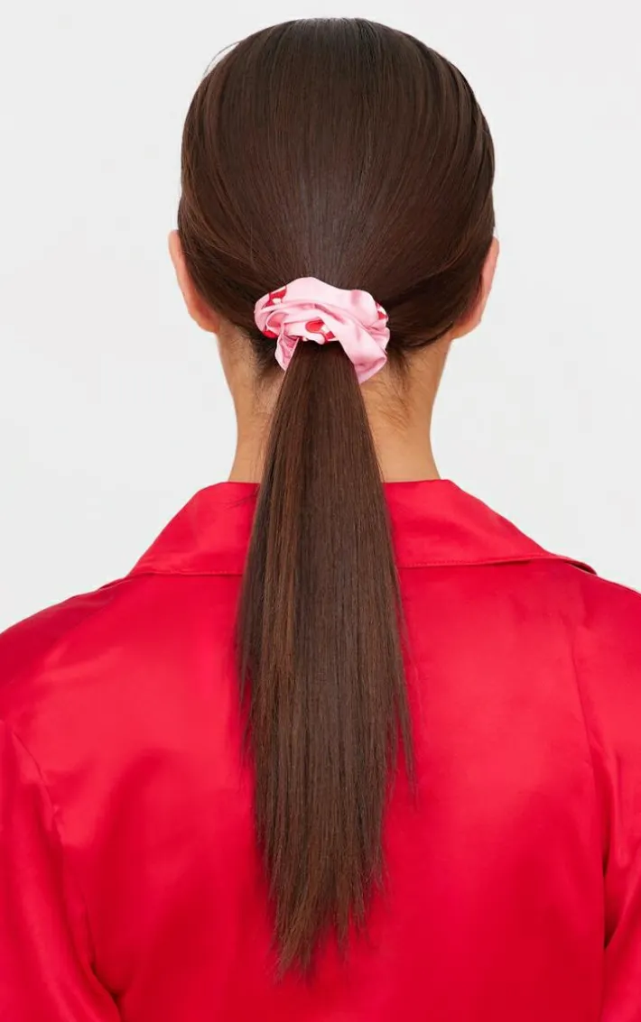 Pink 2 Pack Christmas Candy Cane Print Satin Scrunchie Set