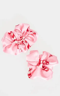 Pink 2 Pack Christmas Candy Cane Print Satin Scrunchie Set