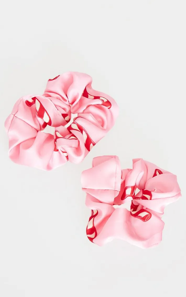Pink 2 Pack Christmas Candy Cane Print Satin Scrunchie Set
