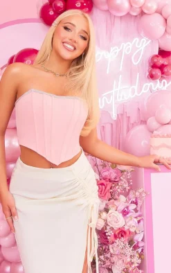 Pink Woven Diamante Top Edge Pointed Hem Corset