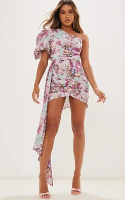 Pink Abstract Floral One Shoulder Puff Sleeve Draped Bodycon Dress