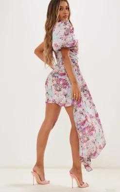 Pink Abstract Floral One Shoulder Puff Sleeve Draped Bodycon Dress