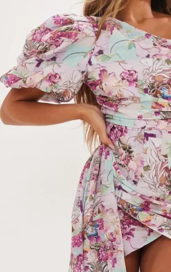 Pink Abstract Floral One Shoulder Puff Sleeve Draped Bodycon Dress
