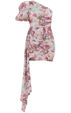 Pink Abstract Floral One Shoulder Puff Sleeve Draped Bodycon Dress