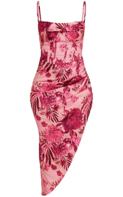 Pink Abstract Floral Print Corset Style Asymmetric Hem Midi Dress