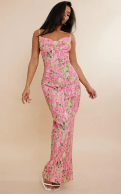 Pink Abstract Floral Printed Plisse Strappy Maxi Dress
