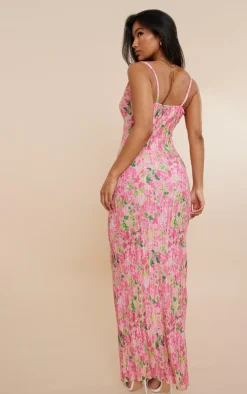 Pink Abstract Floral Printed Plisse Strappy Maxi Dress
