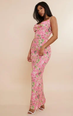 Pink Abstract Floral Printed Plisse Strappy Maxi Dress