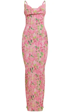 Pink Abstract Floral Printed Plisse Strappy Maxi Dress