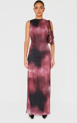 Pink Abstract Mesh Printed Racer Neck Maxi Dress