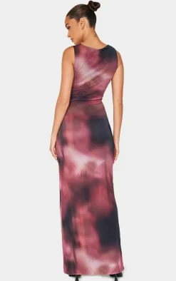 Pink Abstract Mesh Printed Racer Neck Maxi Dress