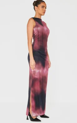 Pink Abstract Mesh Printed Racer Neck Maxi Dress