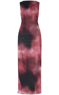 Pink Abstract Mesh Printed Racer Neck Maxi Dress