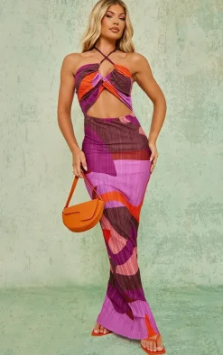 Pink Abstract Plisse Cut Out Halterneck Maxi Dress