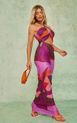 Pink Abstract Plisse Cut Out Halterneck Maxi Dress