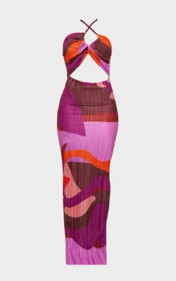 Pink Abstract Plisse Cut Out Halterneck Maxi Dress