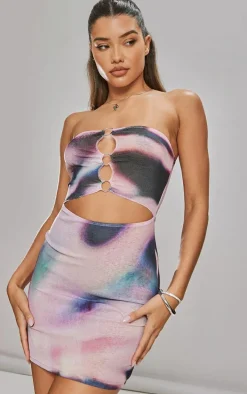 Pink Abstract Print Bandeau Ring Detail Burn Out Mesh Bodycon Dress
